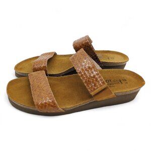 Naot Blake Brown Leather Slide Sandals Size 39/8 Woven Strap Comfort 1.5" Heel
